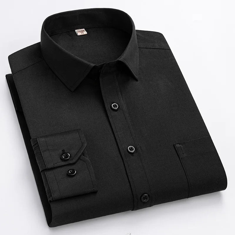 Men Formal Shirt Long Sleeve Office Solid Color Striped Fashion Business Pocket White Social Shirt Men's Clothing 5XL 6XL