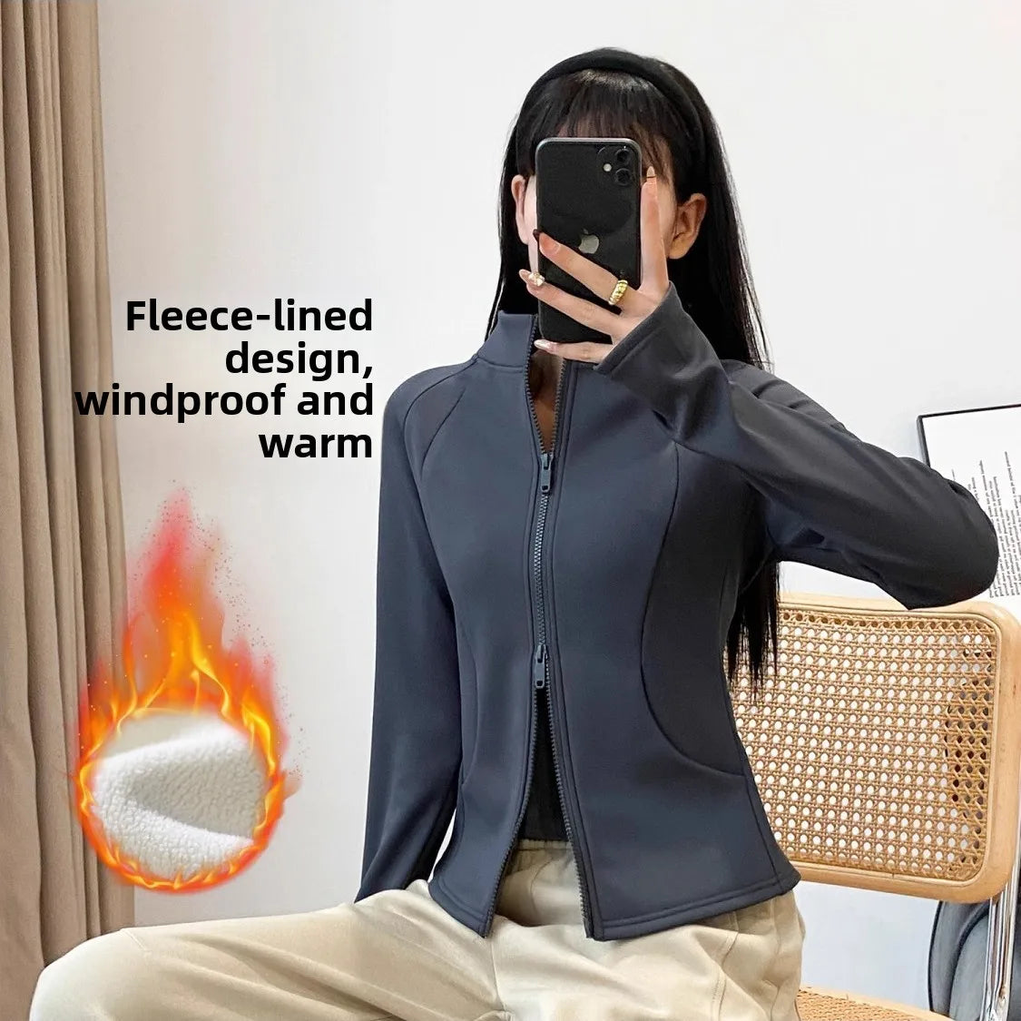 Fleece Lined Thickened Double Zipper Yoga Jacket Women's Autumn Winter Sporty Slim Fit All-Match Windproof Warm Top