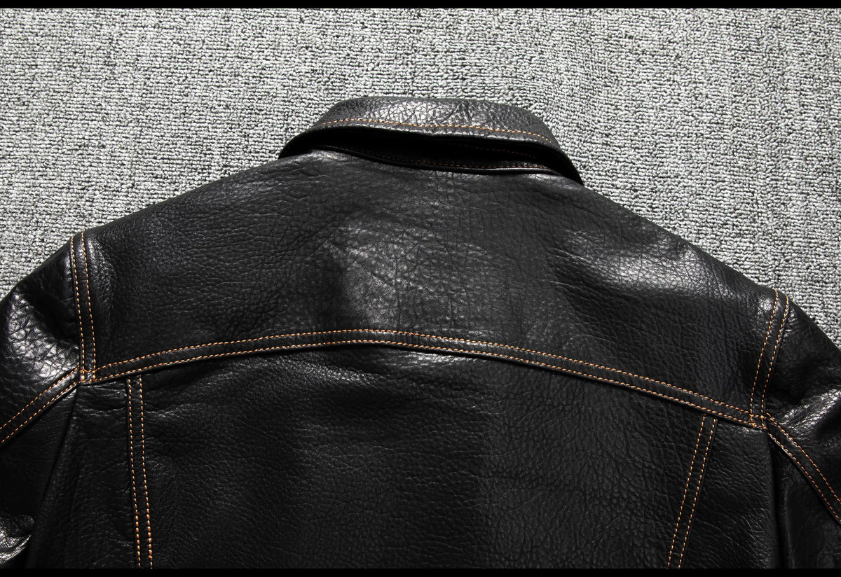 Men's Genuine Sheepskin Leather Trucker Jacket Black Type III Denim Cut Cream Contrast Stitch Brass Snap Short Casual Coat