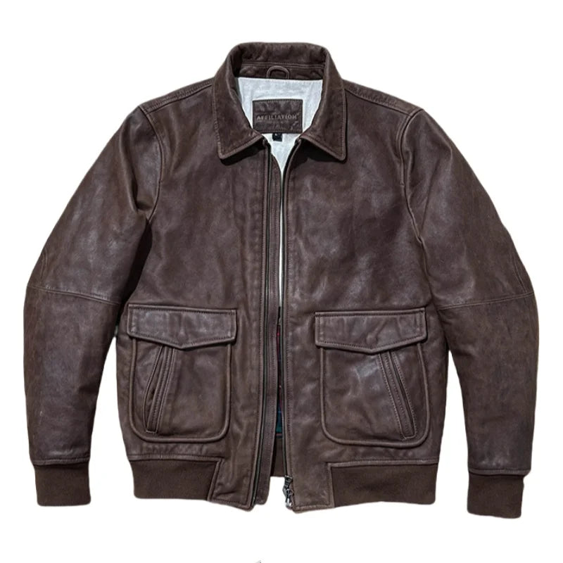 Dark Brown Winter Leather Jacket Men Vintage Style Plus Size 5XL Genuine Natural Cowhide Turn-Down Collar Retro A2 Flight Coat