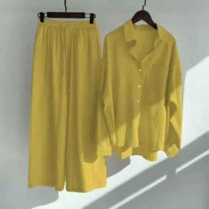 Retro Large Size Cotton Linen Shirt Set High Waist Loose Pants Two Piece Set Women's Clothing Casual Fashion Summer Season