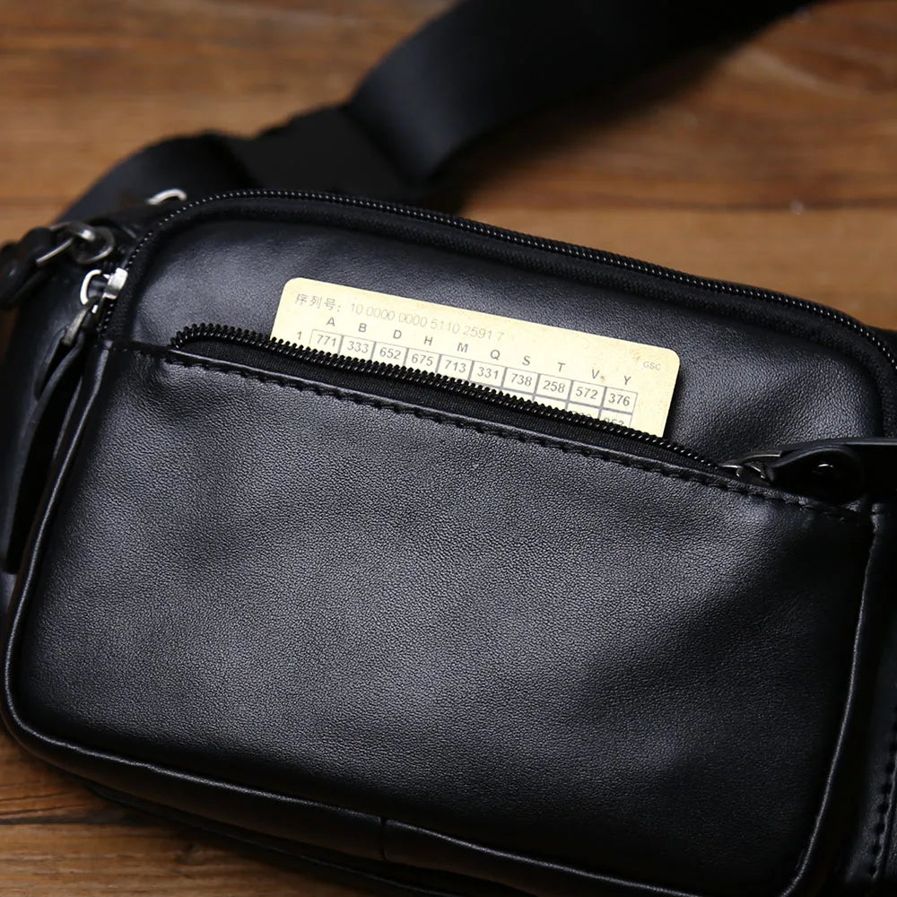 NZPJ Men's Genuine Leather Chest Bag - Top-Grain Cowhide Waist Bag / Crossbody Bag with Multiple Compartments & Phone Pocket