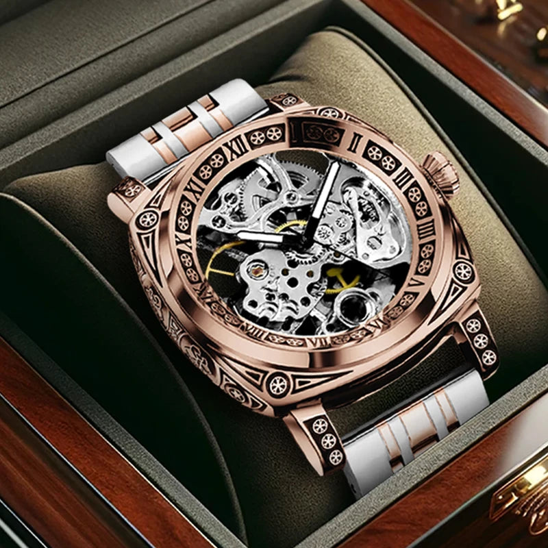 A men's fashion gentlemen's elegant pentagram rose gold and steel mechanical watch