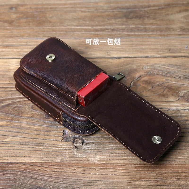 NZPJ Genuine Leather Men's Waist Bag Top Layer Cowhide Fashion Hook Bag Leisure Belt Bag Cigarette Box 6.5-inch Mobile Phone Bag