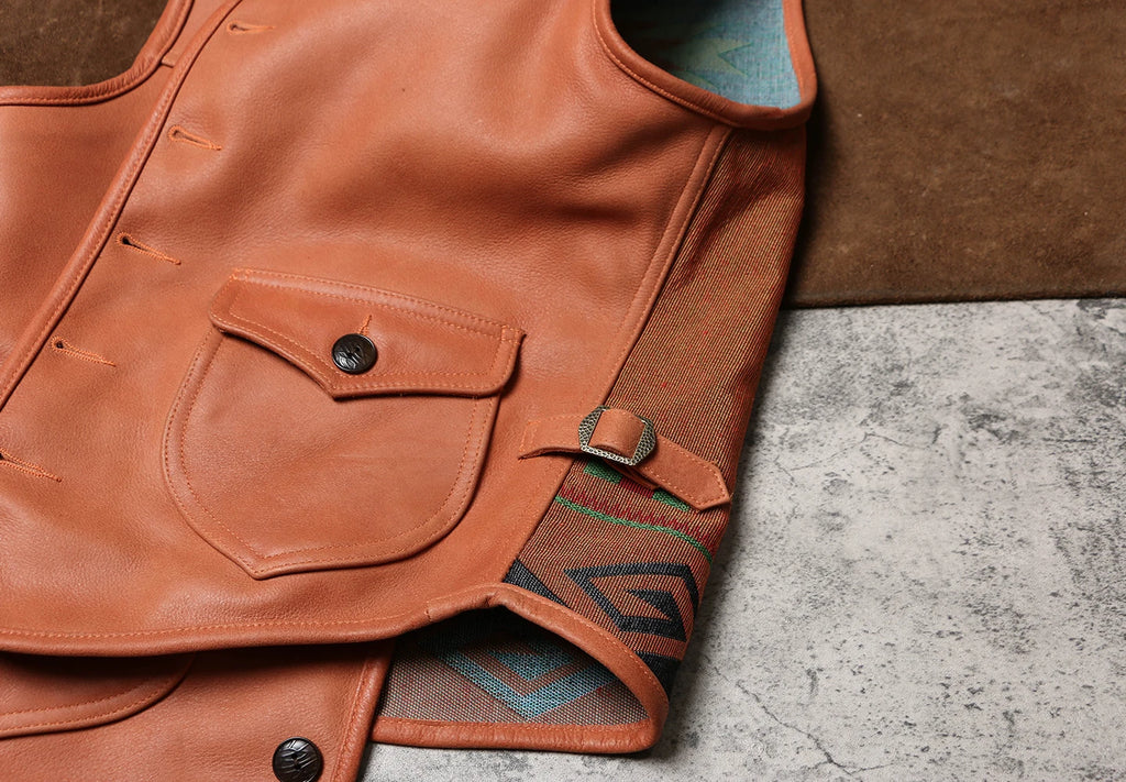 Orange Autumn Leather Vest Men Retro Style Plus Size 5XL Genuine Natural Cowhide Short Single Breasted Sleeveless Spliced Coat