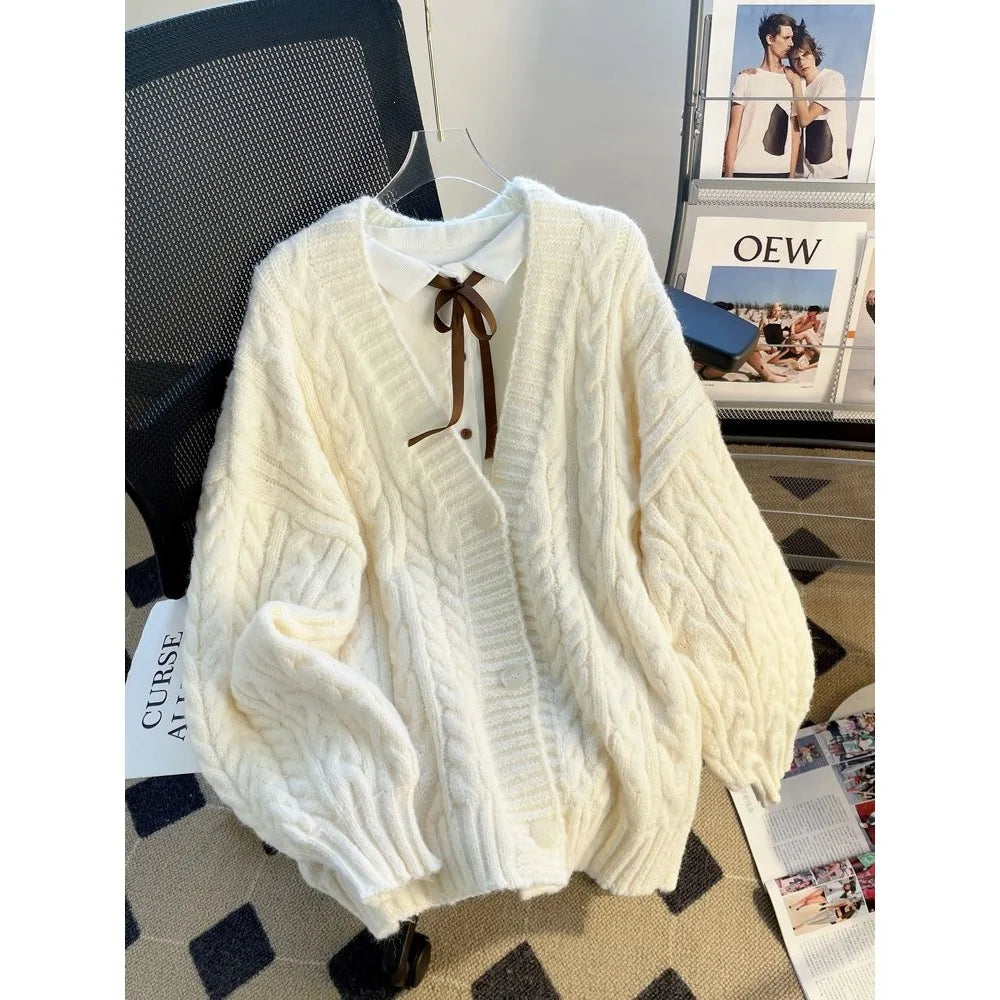 Women's Thickened Lazy Design Knitted Cardigan Sweater Outerwear Loose Princess Sleeve V-Neck Long Sleeve Autumn Winter Coat