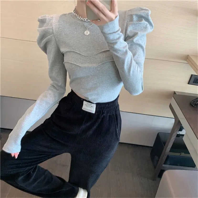 Slim Fit round Neck Long Sleeve Bubble Sleeve Top Women's Autumn Winter Short Base Layer Shirt Hong Kong Style Design Sense Top