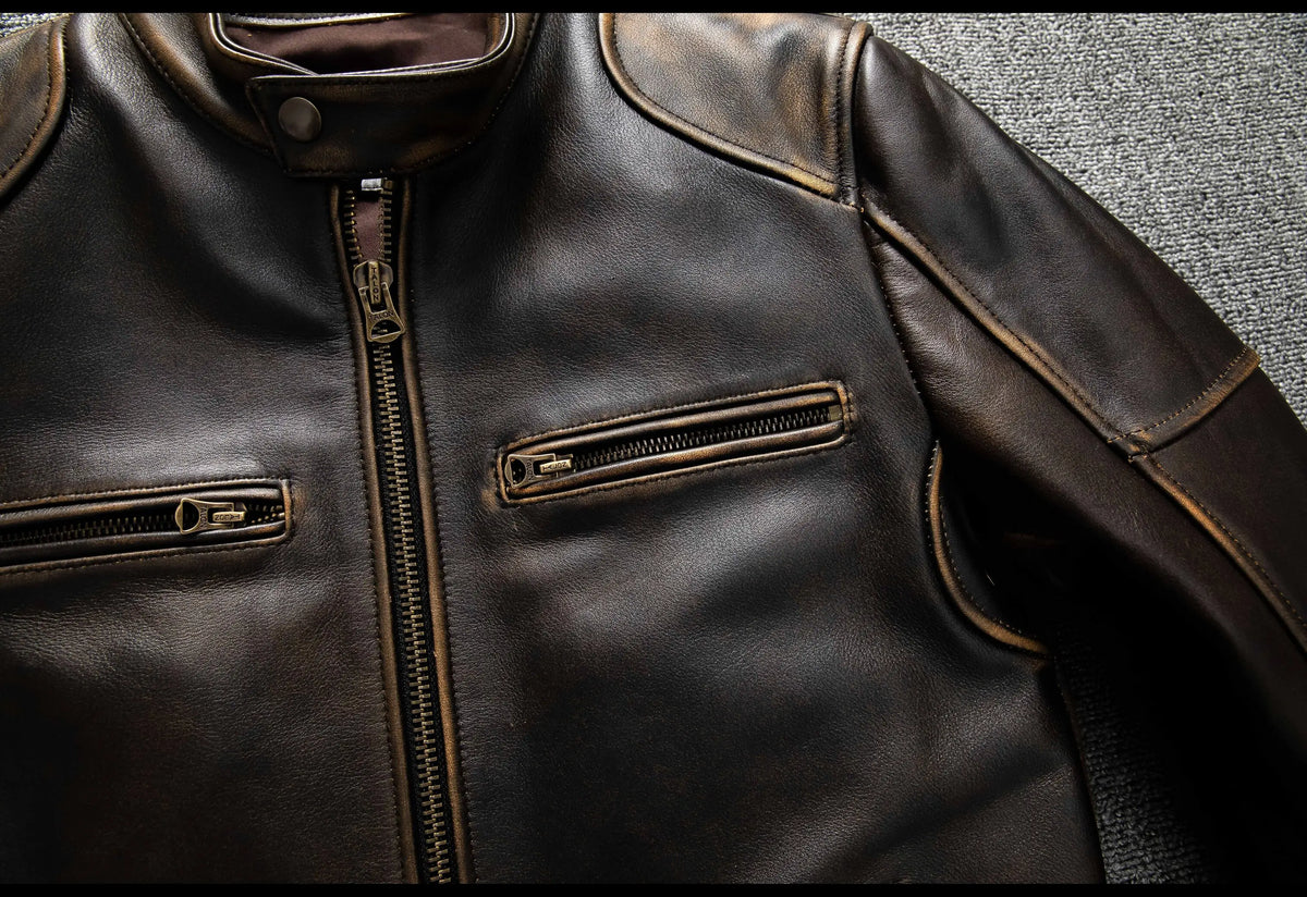 Dark Brown Autumn Leather Jacket Men Retro Style Plus Size 6XL Genuine Natural Cowhide Stand Collar J100 Motorcycle Sports Coat