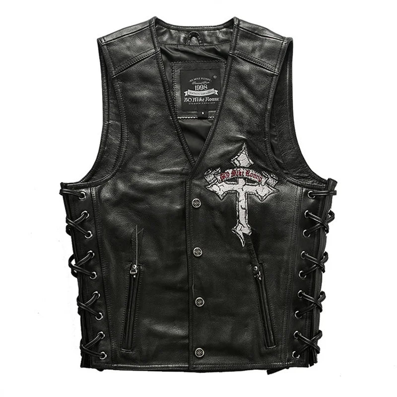 Black Four Seasons Leather Vest Men Sports Style Plus Size 4XL Genuine Natural Cowhide Single Breasted Skulls Embroidery Vest