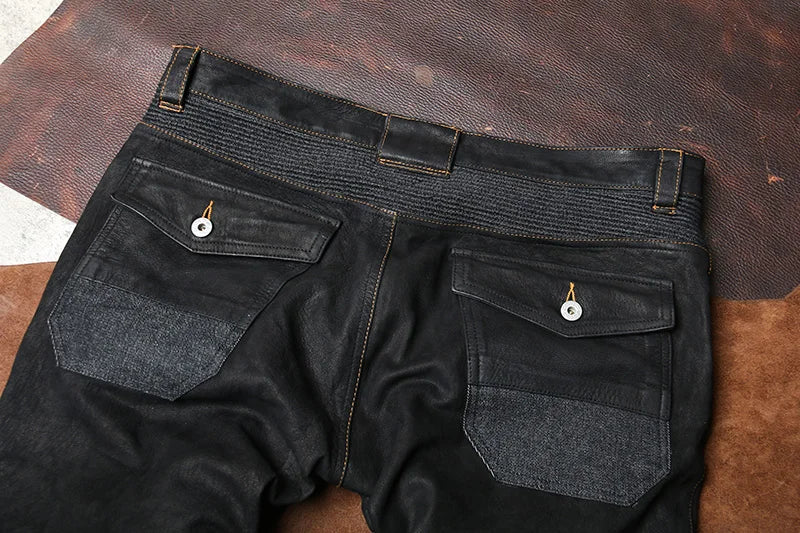 Black Spring Leather Trousers Men Retro Style Plus Size 4XL Genuine Natural Sheepskin Add Protection Device Motorcycle Pants