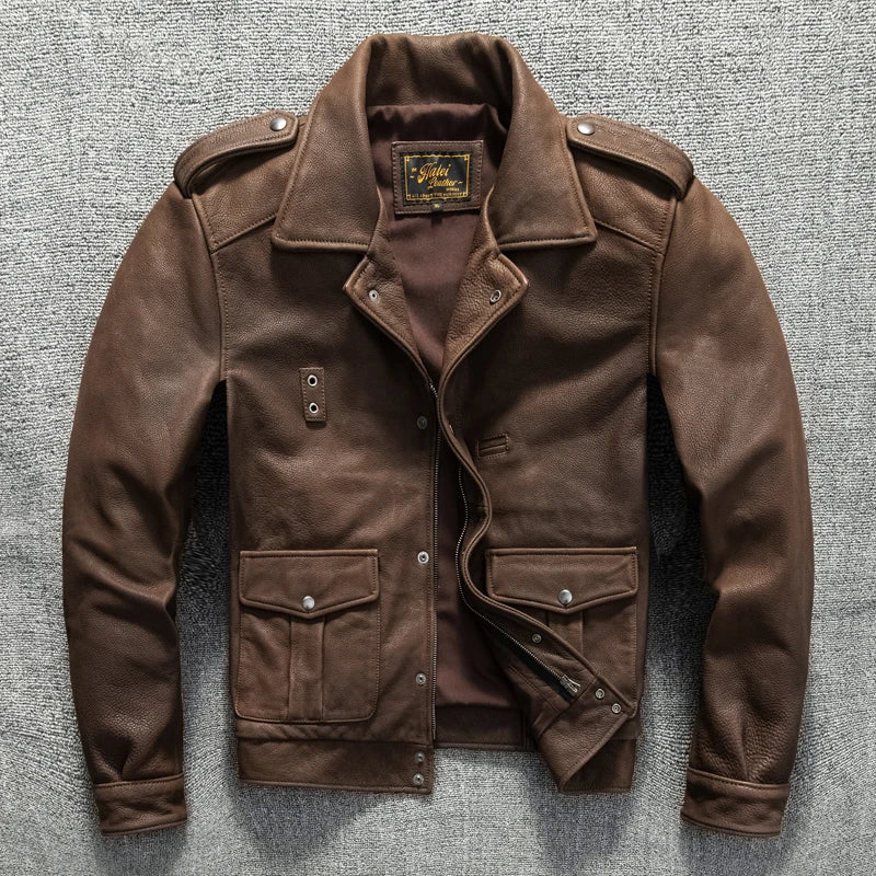 Genuine Natural Thick Cowhide California Mounted Police Coat Dark Brown Winter Leather Jacket Men Retro Style Plus Size 5XL