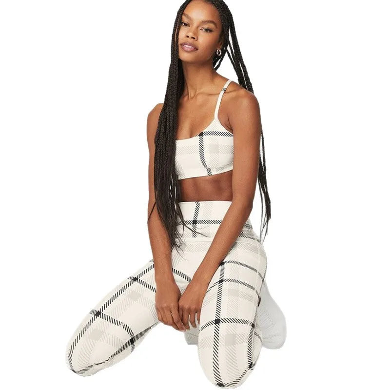 Women's Yoga Fitness Running Sportswear Large Plaid Sports Bra Underwear Tank Top And Pants Breathable Summer Autumn Winter