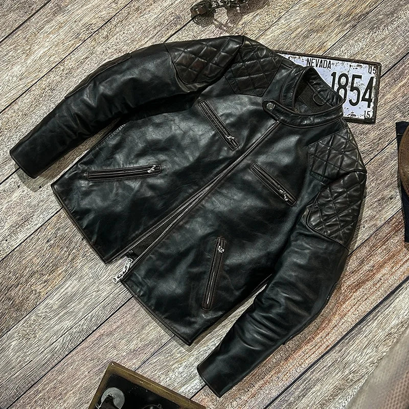 Black Winter Leather Jacket Men Vintage Style Plus Size 5XL Genuine Natural Cowhide Stand Collar Slim Fit Leather Coat