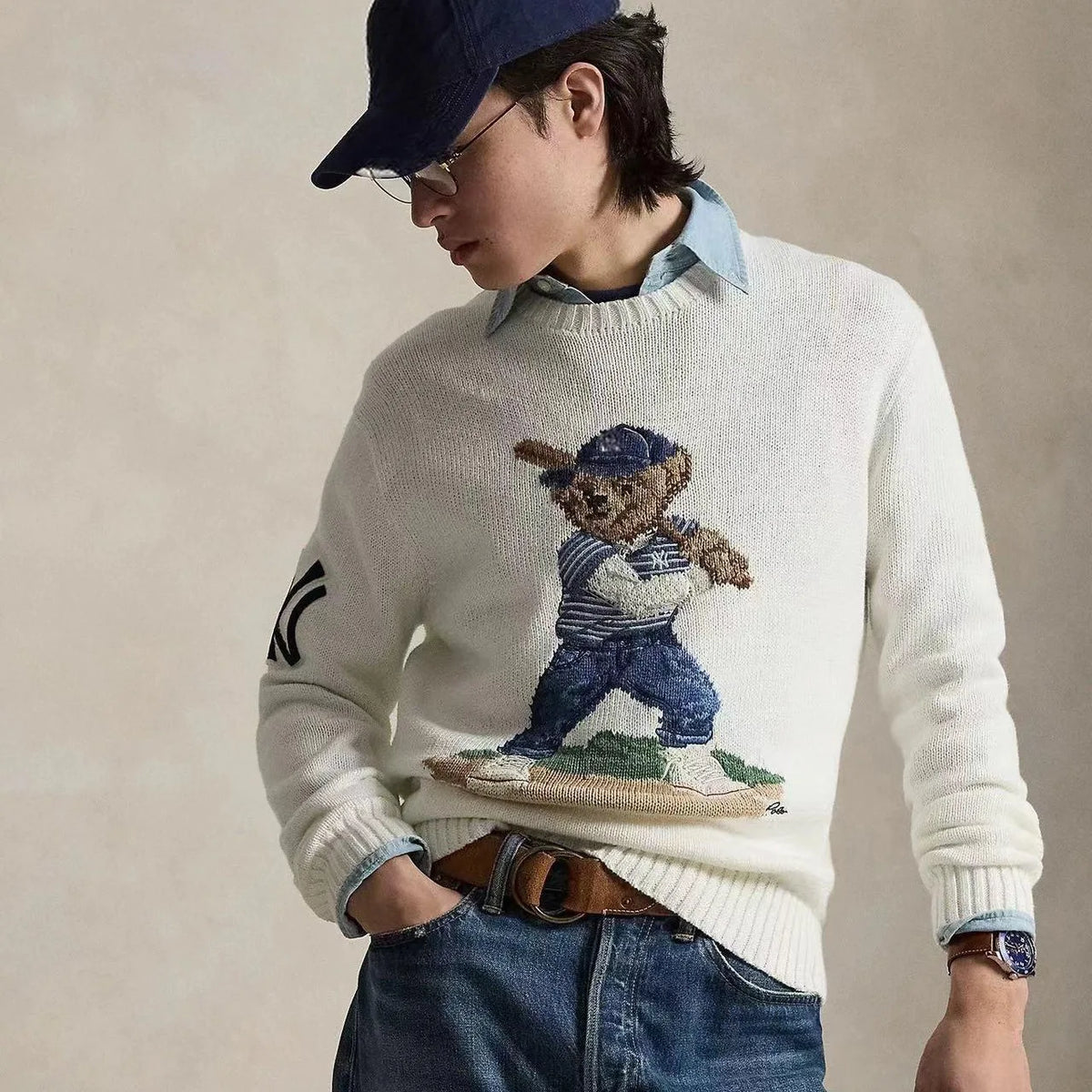 Yankees Baseball Bear Sweater Thick Knitted Cotton Linen Blend Long Sleeve round Neck Embroidered 3D Cartoon Casual Style