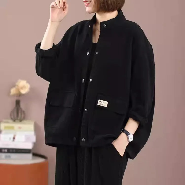 Loose Casual Women's Workwear Jacket Stand Collar Short Cardigan Outerwear Comfortable Polyester Cotton Blend Street Style