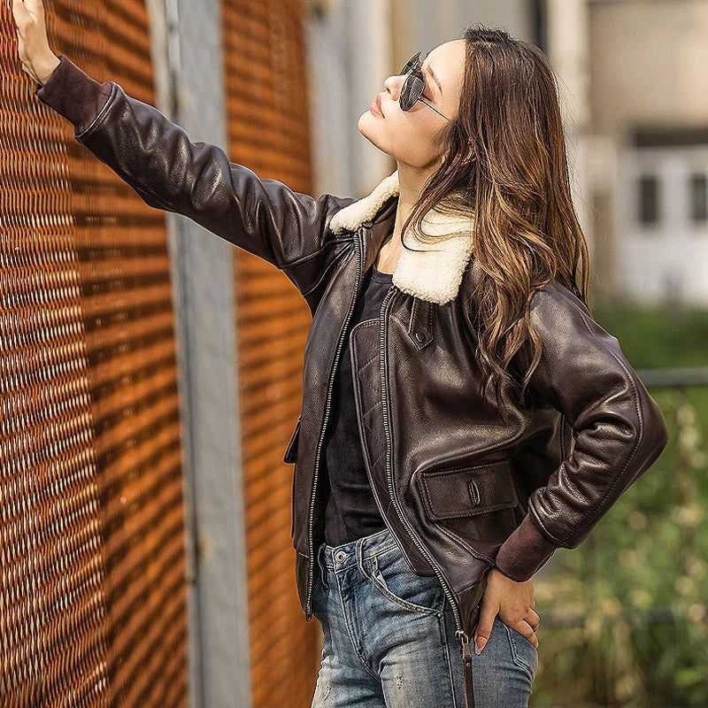 Dark Brown Autumn Leather Jacket Women Retro Style Plus Size 3XL Genuine Natural Cowhide Wool Collar Military G1 Flight Coat