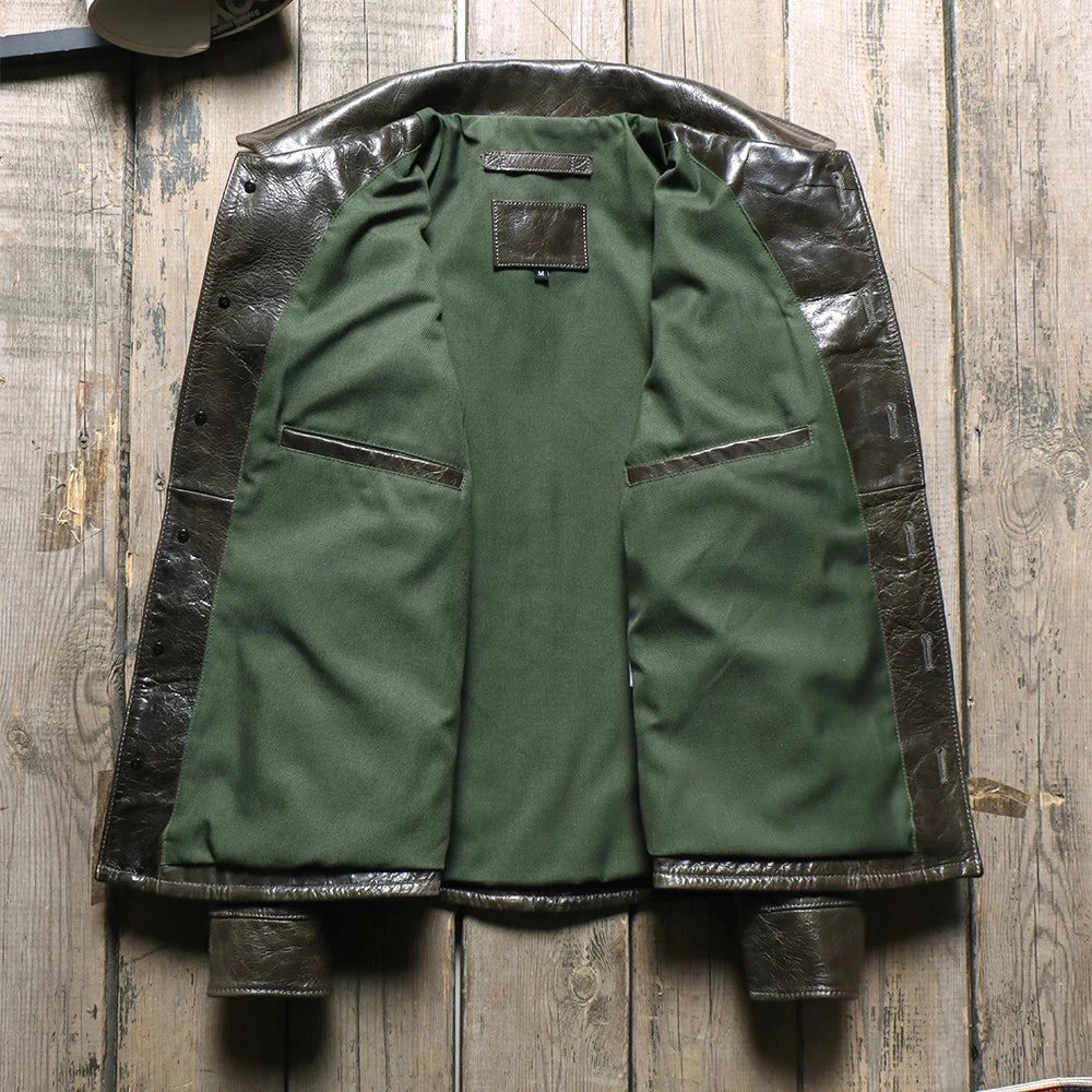 Dark Green Spring Leather Shirt Men Casual Style Plus Size 5XL Genuine Natual Sheepskin Turn-Down Collar Single Breasted Coat