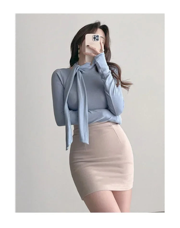Korean Style Women's Long Sleeve T-Shirt Bow Design Halter Neck Slim Fit Comfortable Base Shirt Cotton Spring Summer Top