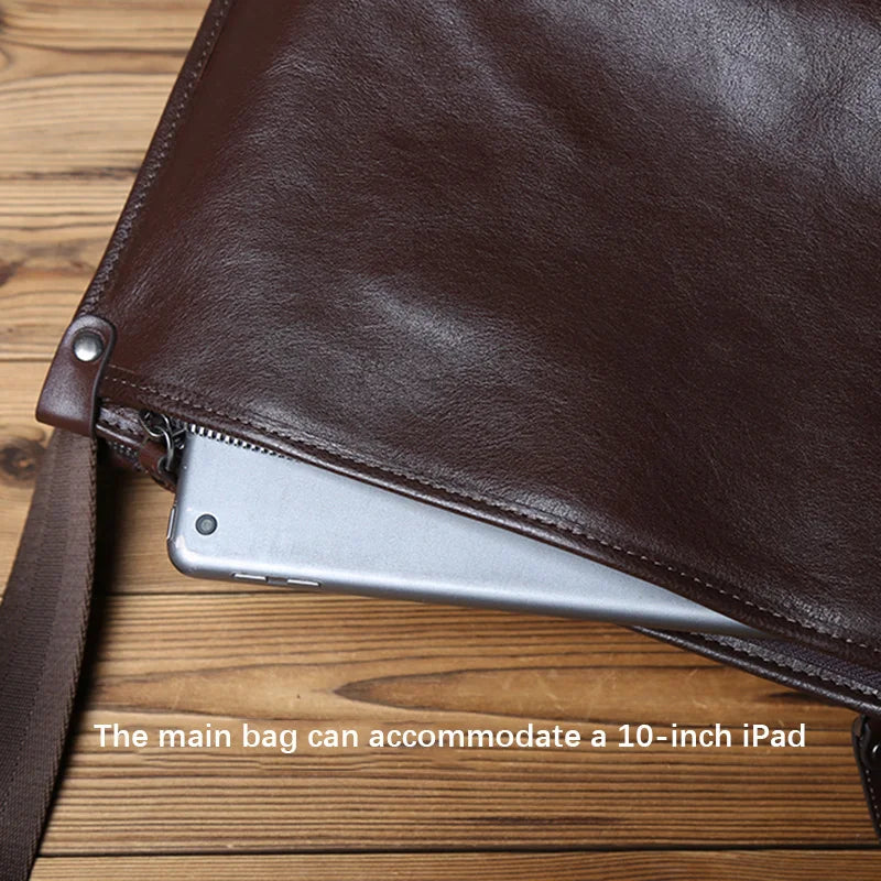 NZPJ Vintage Genuine Leather Men's Shoulder Bag Casual Top-Grain Cowhide Crossbody Bag For 10-inch IPad