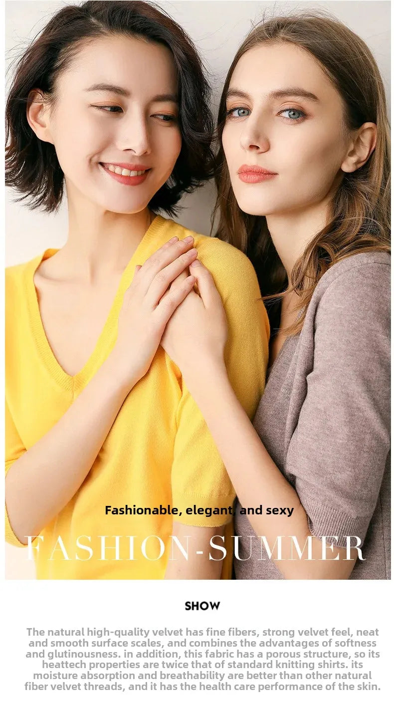 Spring Autumn New Style V-Neck Thin Knitted Loose Short Sleeve Women's T-Shirt Thin Summer Top Comfortable Base Layer Shirt