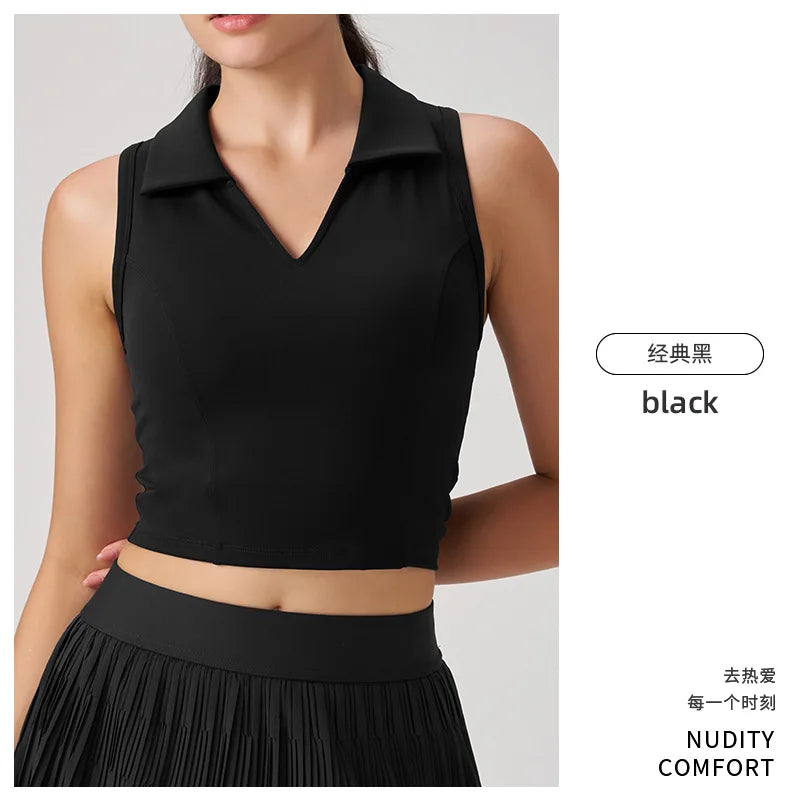 Outdoor Fitness Tennis Outfit Polo Shirt Sleeveless Collared Yoga Vest Breathable Nylon Spandex Slim Fit Youth Women's Top