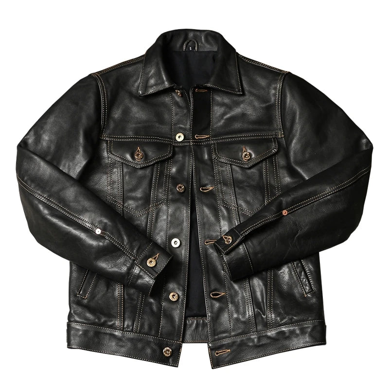 Black Autumn Leather Jacket Men Retro Style Plus Size 4XL Genuine Natural Thick Cowhide Single Breasted Casual Denim Coat