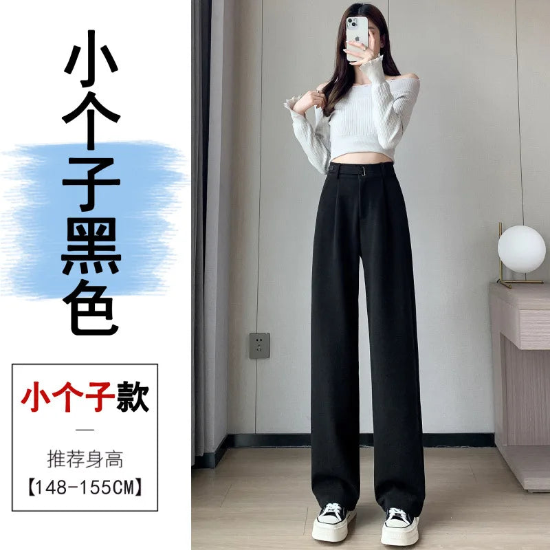 Thickened Fleece Lined Winter Wide Leg Pants High Waist Floor Length Straight Cut Casual Trousers for Women Woolen Suiting