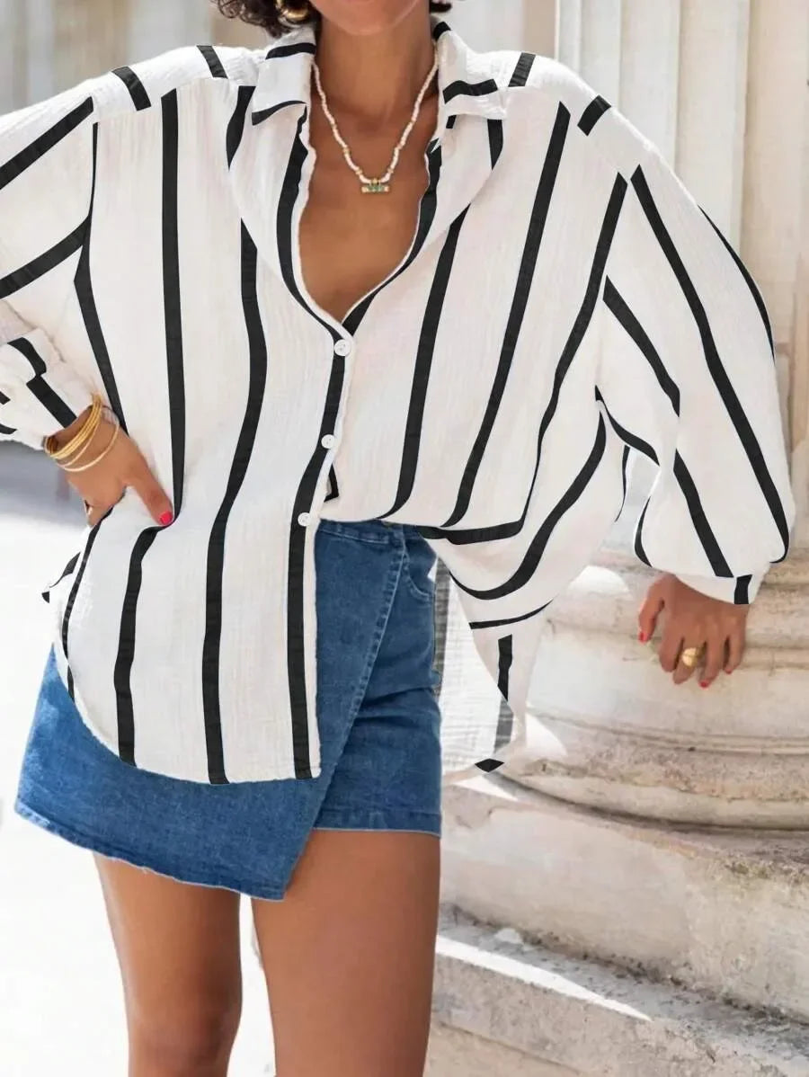 Women's Long Sleeve Button Cardigan Striped Shirt Slim Fit Polo Collar Full Length Autumn Winter New Style Cross Border Independ
