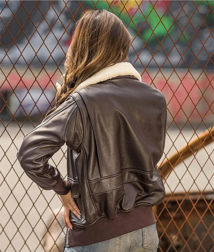 Dark Brown Autumn Leather Jacket Women Retro Style Plus Size 3XL Genuine Natural Cowhide Wool Collar Military G1 Flight Coat
