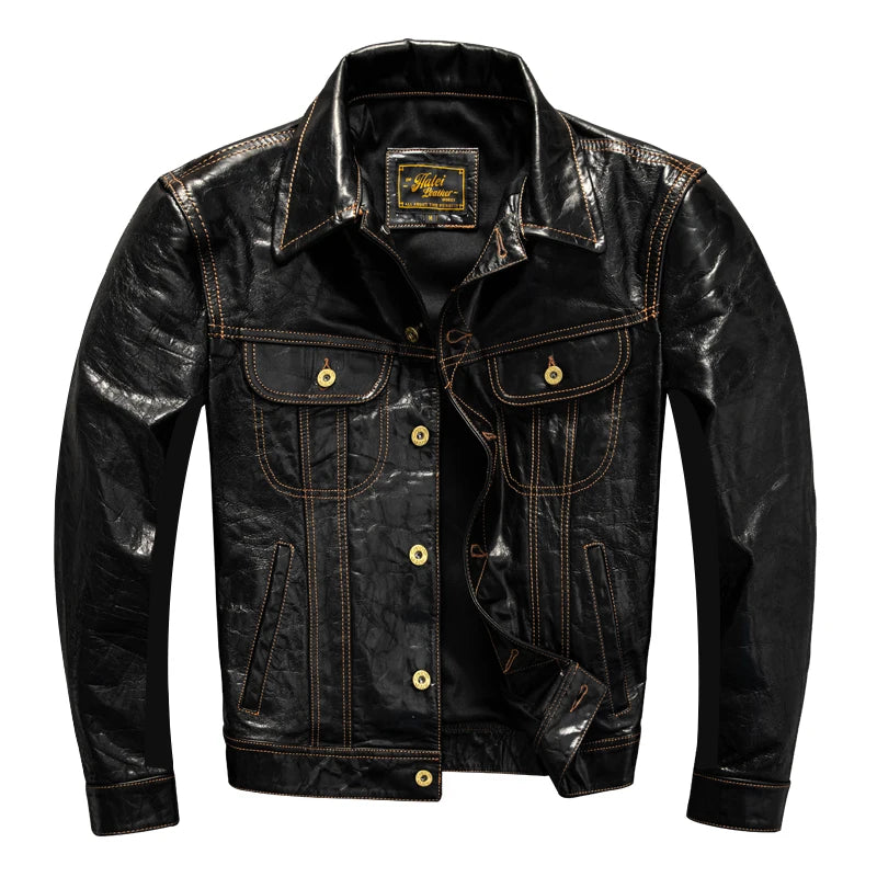 Black Autumn Leather Jacket Men Retro Style Plus Size 5XL Genuine Natural Sheepskin Turn-Down Collar Single Breasted Denim Coat