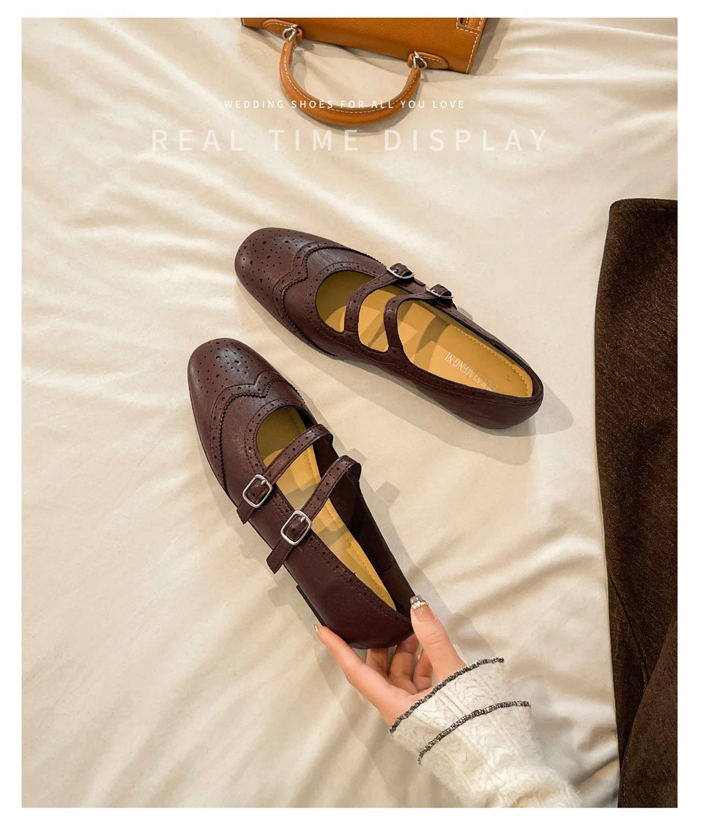 French Style Double Buckle Mary Jane Shoes Women's plus Size Flat Bottom Leather Version Beautiful Carving Spring Summer Autumn