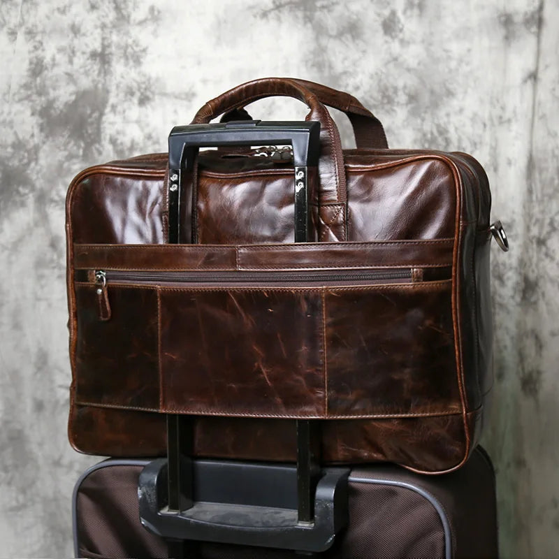 NZPJ Vintage Top Layer Cowhide Leather Men's Briefcase Large Capacity Handbag Business Casual Single Shoulder Slant Computer Bag