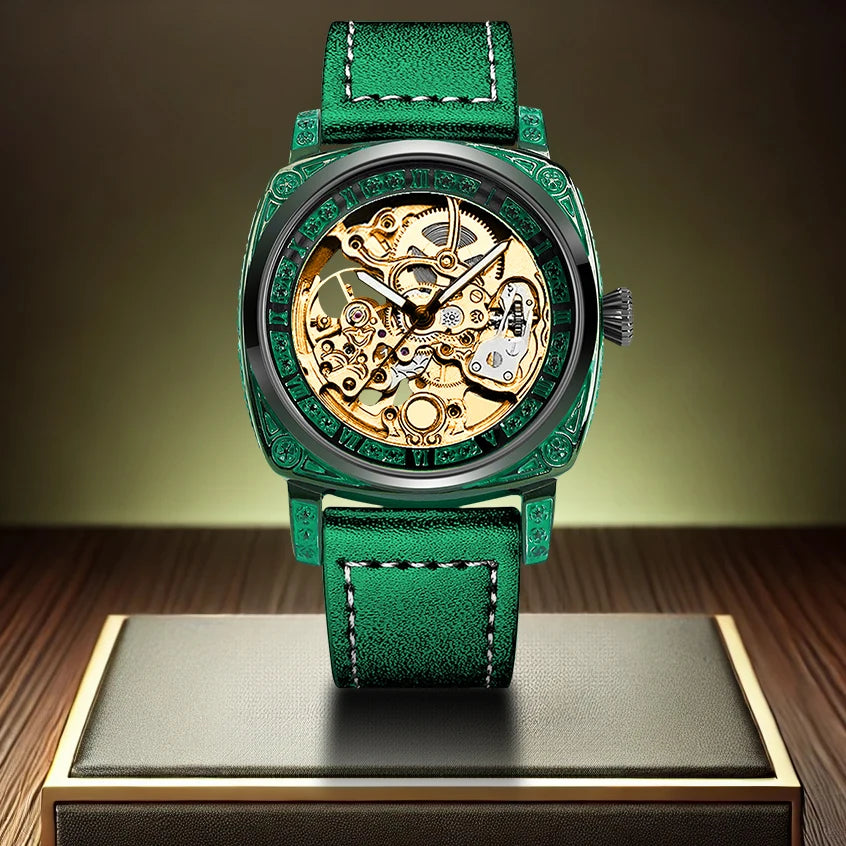 New Men's Watch with Gold Green Belt, Retro Style, Noble and Elegant Night Light Carving, Fully Automatic Mechanical Watch