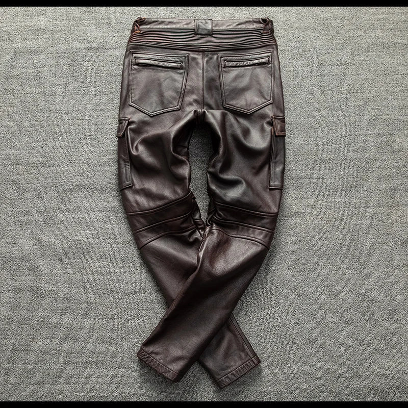 Red Brown Long Winter Leather Trousers Men Vintage Style Plus Size 5XL Genuine Natural Cowhide Motorcycle Leather Pants
