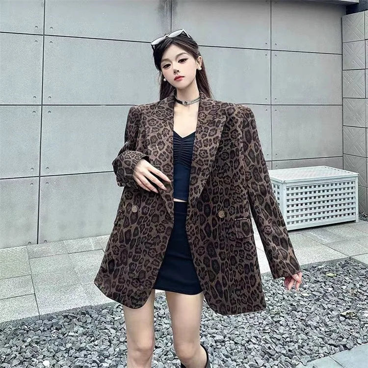 Ladies' Long Sleeve Leopard Print Suit Jacket Hepburn Style Casual Leisure Fashionable Mid-Length Coat Elegant Commute