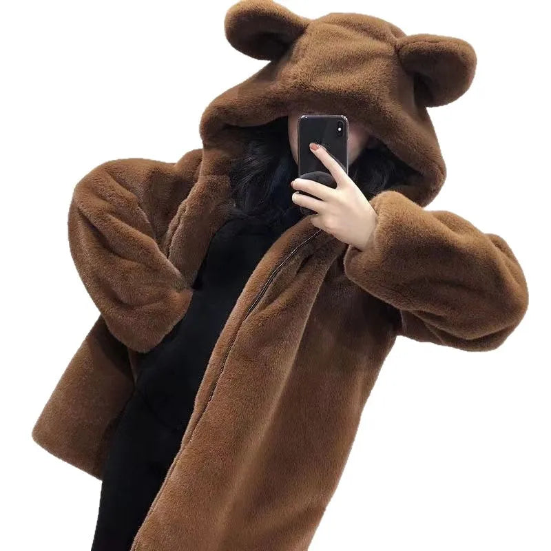 Autumn Winter Thickened Bear Ear Hooded Coat Women's Fashionable Fluffy Simulation Fur Jacket Cute Long-Line Casual Outfit