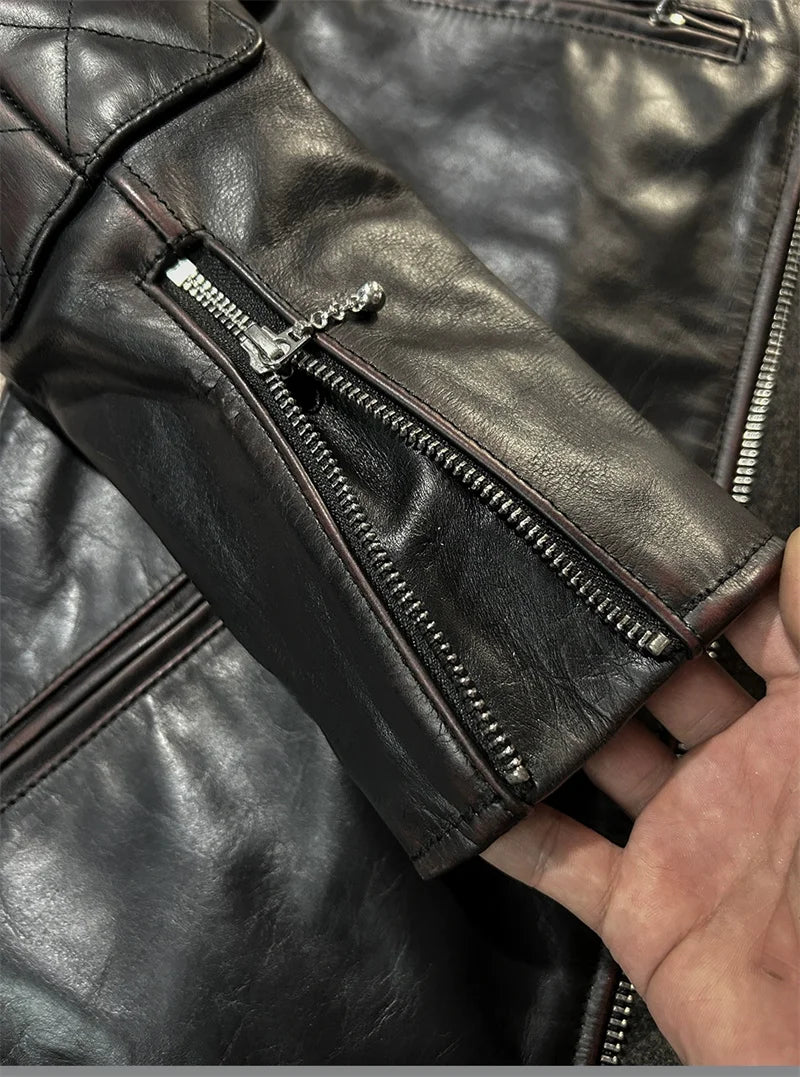 Black Winter Leather Jacket Men Vintage Style Plus Size 5XL Genuine Natural Cowhide Stand Collar Slim Fit Leather Coat