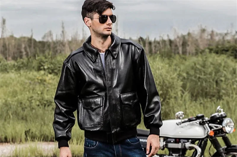 Black Winter Leather Jacket Men Military Style Europe Size Genuine Natural Thick Cowhide Warm Turn-Down Collar A2 Flight Coat