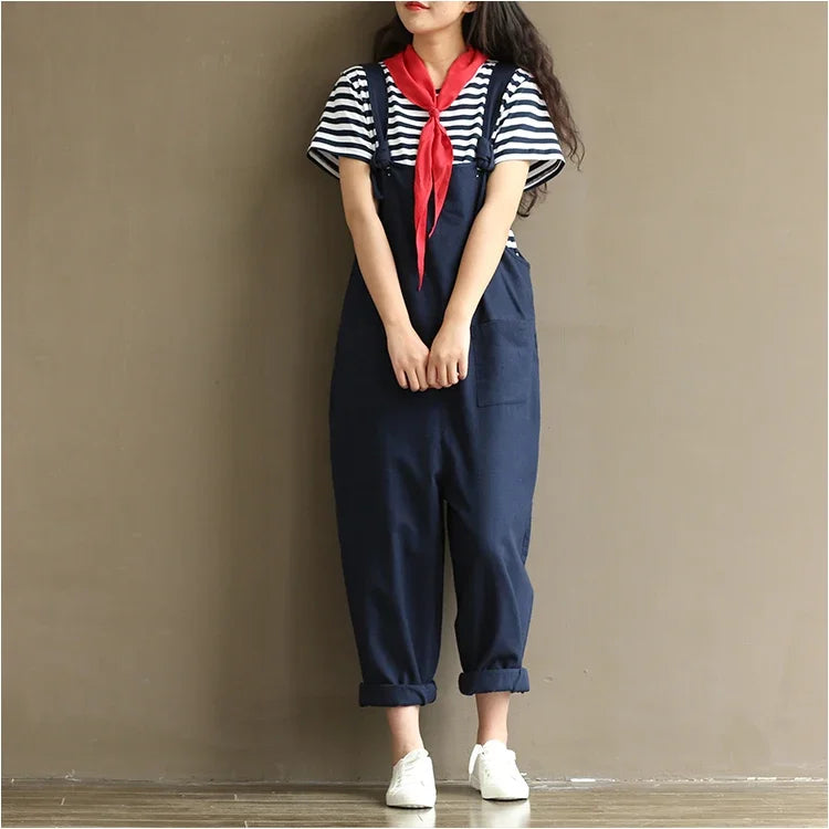 Artistic Vintage Deep Blues Cotton Strap Casual Trousers Women's 1701 European American Style