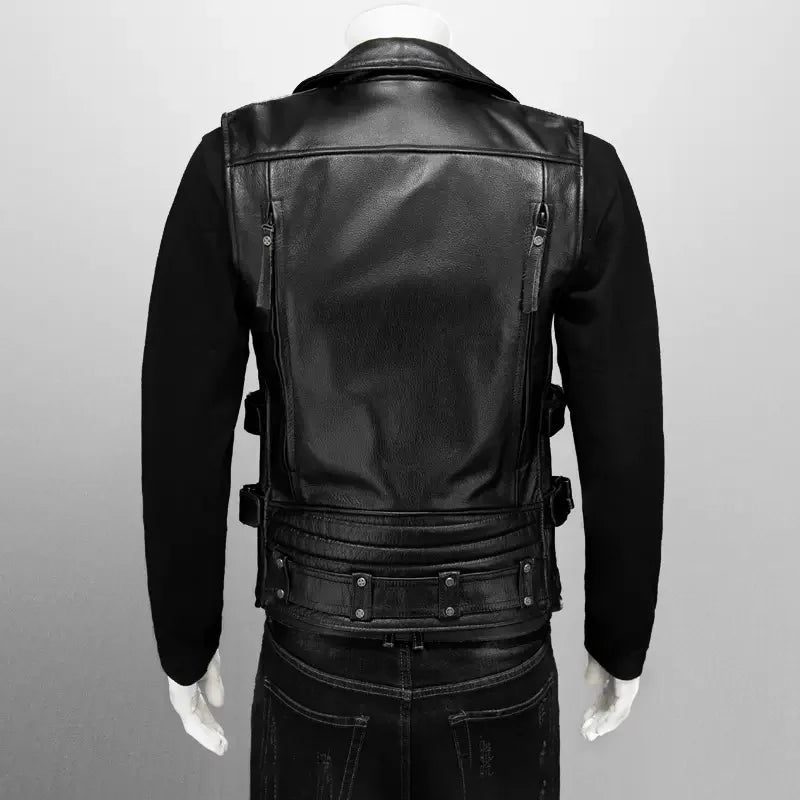 Men Red Brown Leather Biker Vest Vintage Distressed Asymmetrical Zip Sleeveless Jacket Punk Rock Studded Multi-Pocket Waistcoat