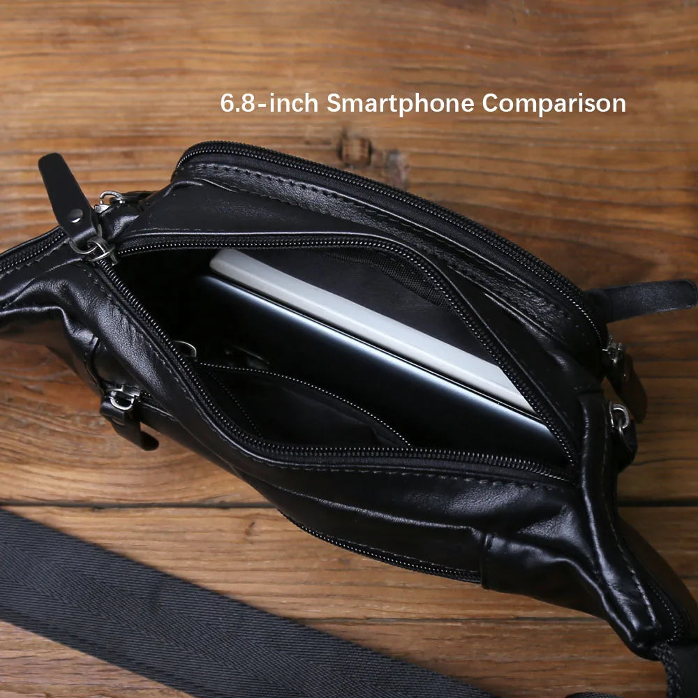 NZPJ Men's Genuine Leather Chest Bag - Top-Grain Cowhide Waist Bag / Crossbody Bag with Multiple Compartments & Phone Pocket
