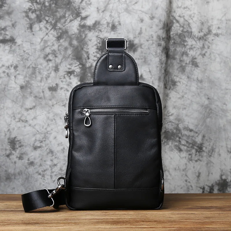 NZPJ New Men's Leather Chest Bag Large-Capacity Trend Single Shoulder Bag Casual First Layer Cowhide Messenger Bag 10 Inch Ipad