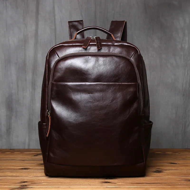 NZPJ Retro Genuine Leather Men's Backpack Fashion Backpack Top Layer Cowhide Computer Backpack Large Capacity Travel Bag