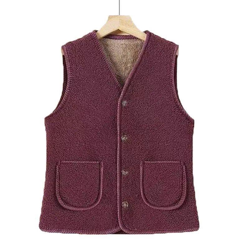 Lamb Fur Vest Thickened Fleece Warm Outerwear for Women Autumn Winter V-neck Striped/Plaid Style Single Button Closure Comfor...