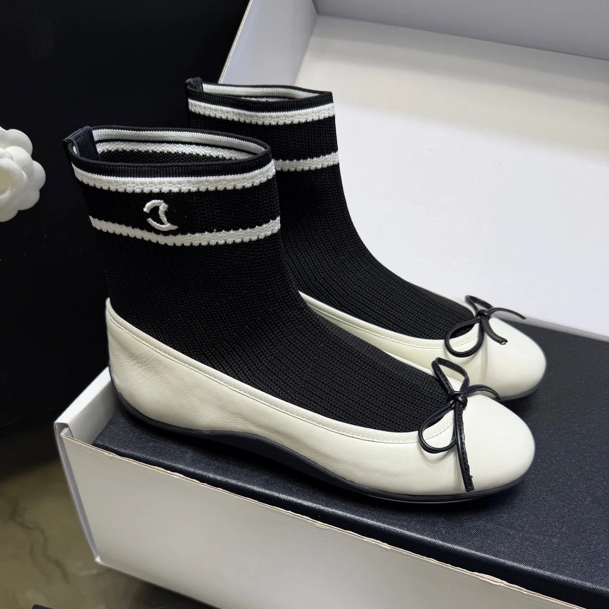 Elegant Mary Jane Shoes Women's Casual Butterfly Knot Elastic Slim Boots French Ballet Style Splicing Breathable Waterproof