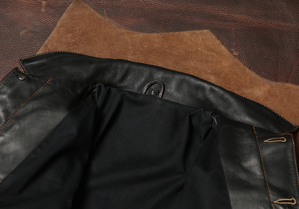 Black Autumn Leather Jacket Men Retro Style Plus Size 4XL Genuine Natural Thick Cowhide Single Breasted Casual Denim Coat