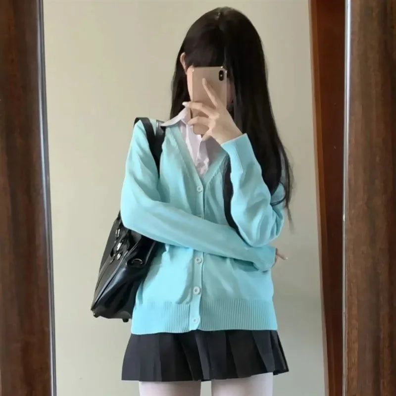 Women's Autumn/Winter Japanese Style Knitted Cardigan Sweater Preppy Style Long Sleeve Loose-Fit Top Layered Polo Collar