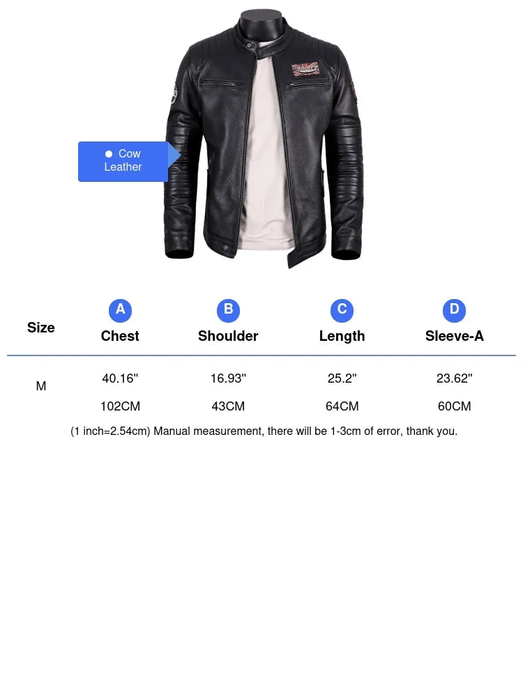Black Autumn Leather Jacket Men Sports Style Plus Size 5XL Genuine Natural Cowhide Stand Collar Slim Fit Short Coat