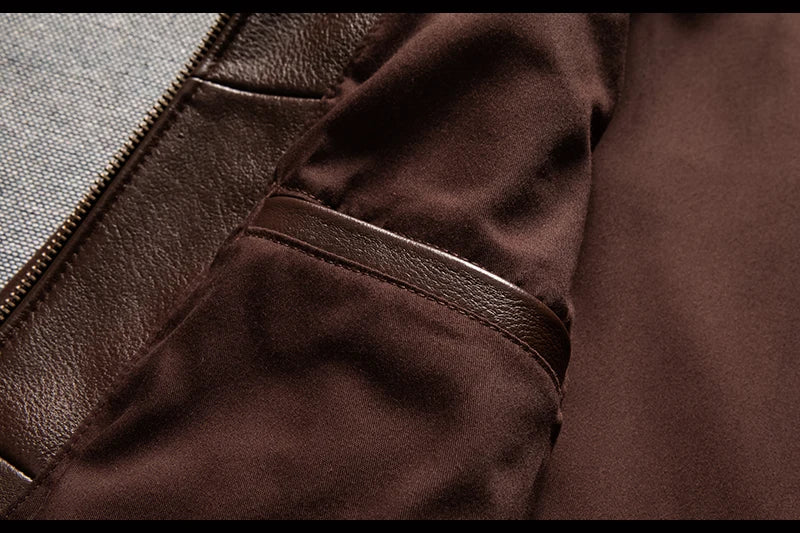 Men's Brown Leather Jacket  Vintage Flight Jacket with Stand Collar, Military Style, Front Zipper, Sleeve Pocket, Ribbed Hem