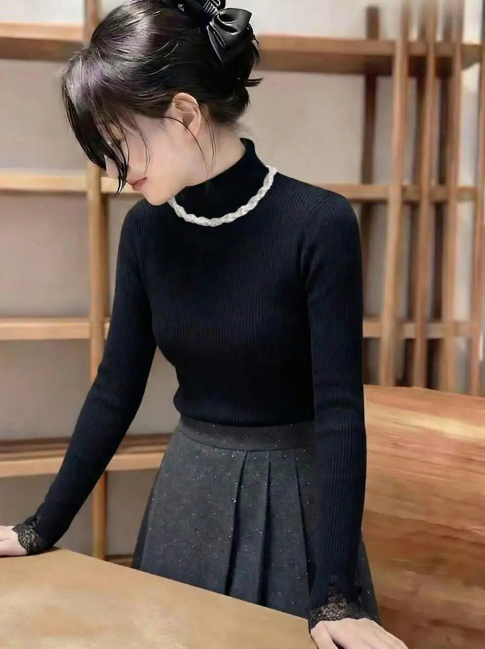French Elegant Lace Splice Diamond Collar Knitted Sweater Women's Autumn Winter Slim Fit Base Shirt Long Sleeve Knitwear